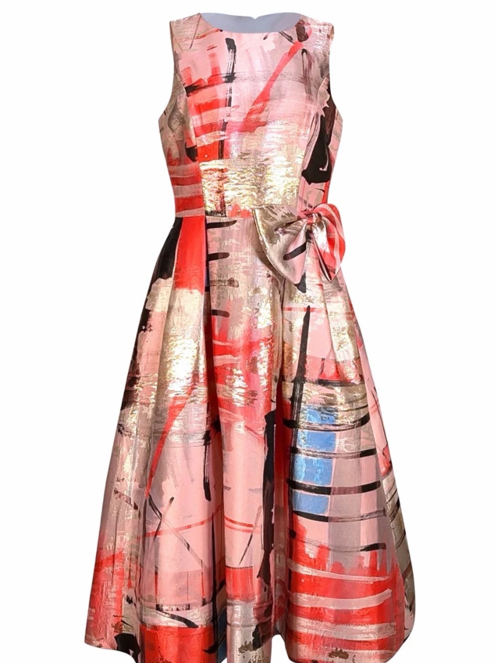 Rickie Freeman by Teri Jon Pink Red Metallic Abstract Bow-Accent Cocktail Sz 4